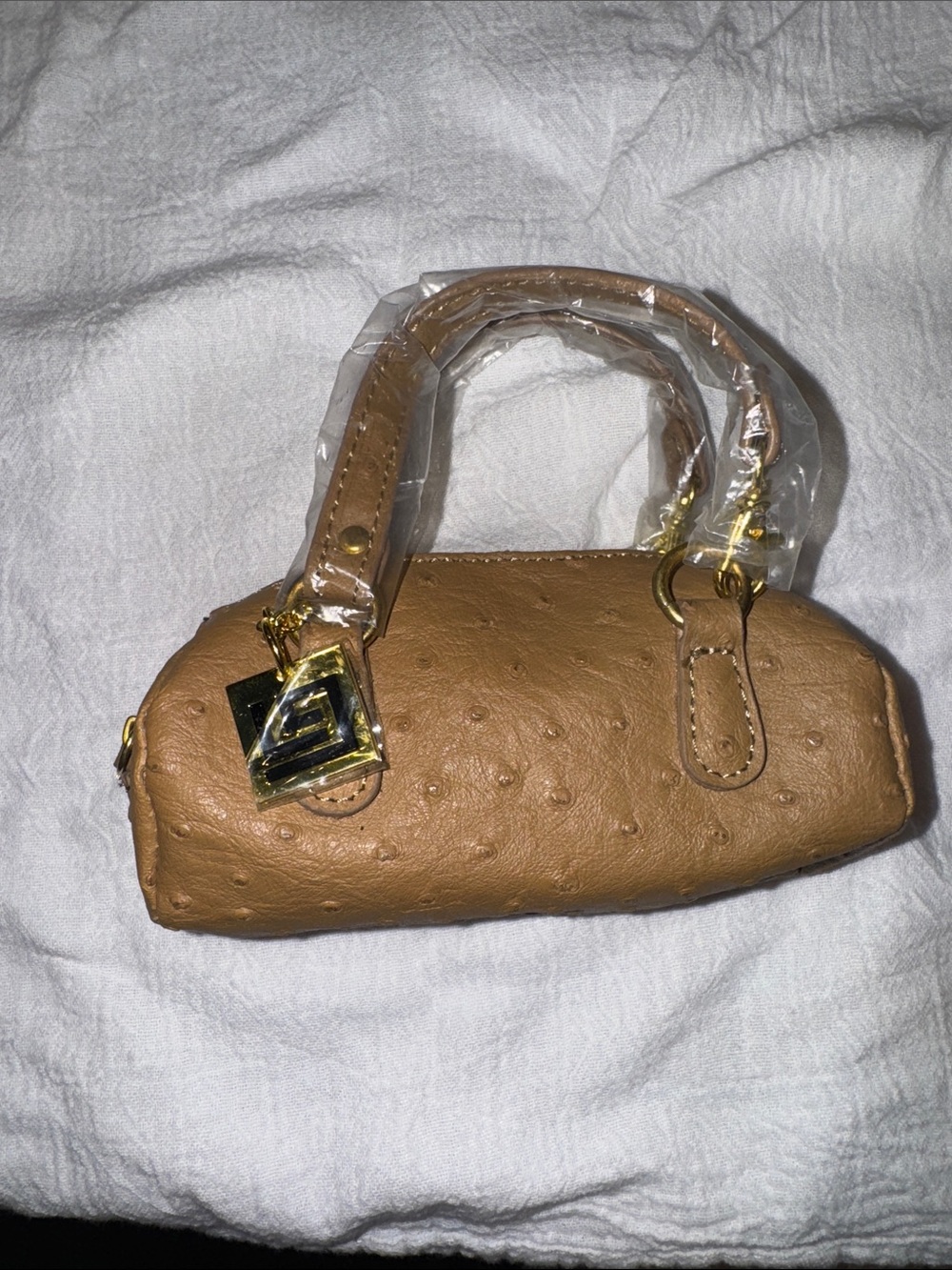 Tan Mini Barrel Coin Purse with Gold Accents